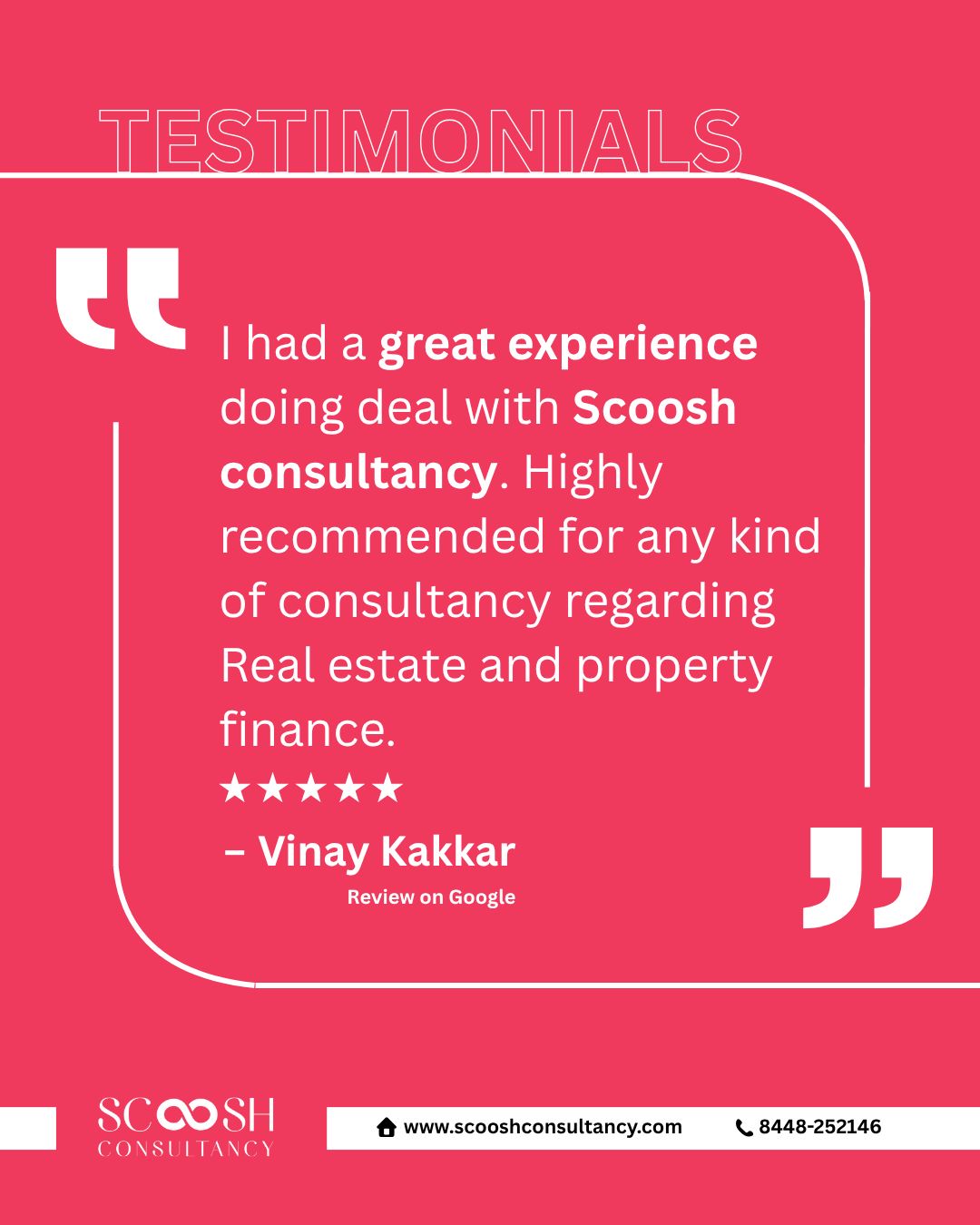 Real experiences. Real satisfaction.
Thank you, Vinay Kakkar, for trusting Scoosh Consultancy with your real estate journey.
Your words inspire us to keep delivering excellence in every deal. ๐กโจ
#ClientTestimonials #ScooshConsultancy #RealEstateExperts #HappyClients #NCRProperties